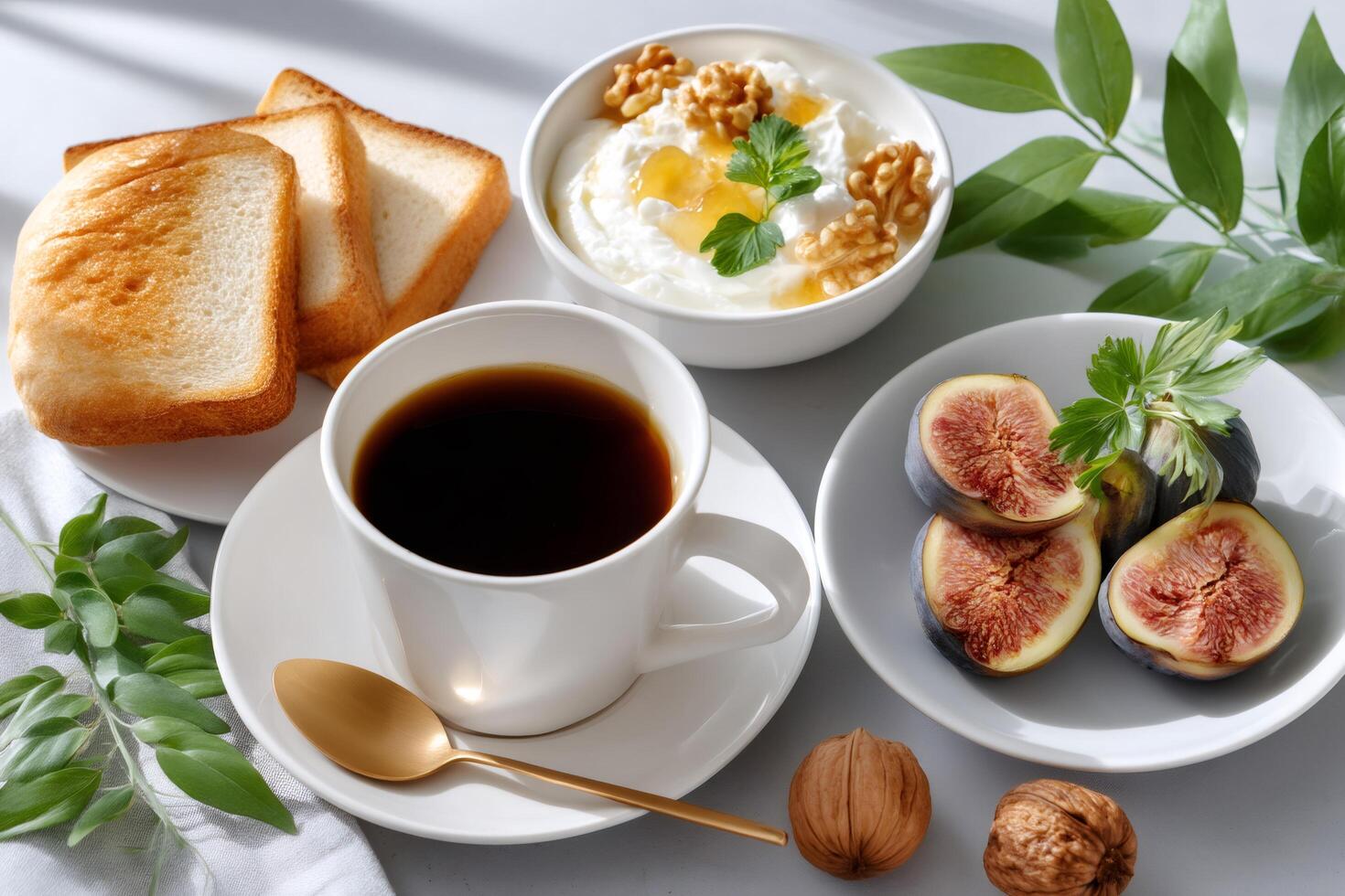 Healthy breakfast with coffee, yogurt, figs, toast and walnuts illuminating by sunlight photo