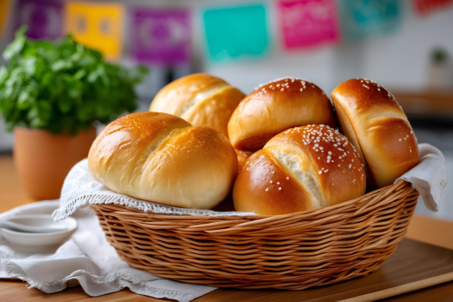 Bolillo bread rolls resting in wicker basket with salt and blurred background photo