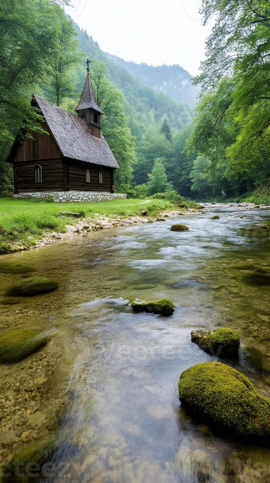 Wooden church by the river in a peaceful valley surrounded by nature photo