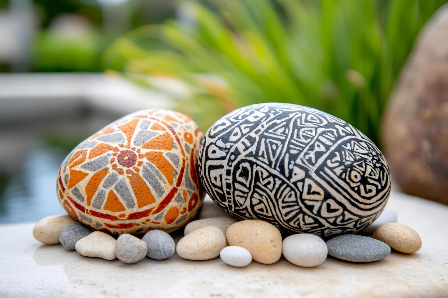 Hand painted mandala rocks resting on small pebbles near a pond photo