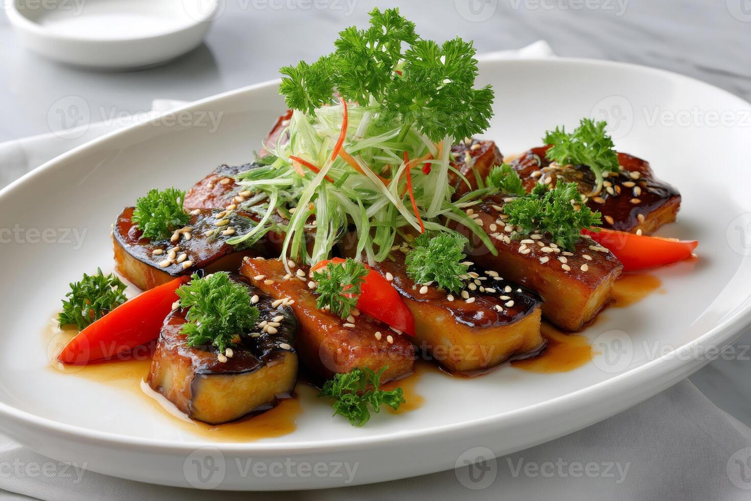Delicious fried eggplant with sesame seeds, soy sauce, spring onions and parsley lying on white plate photo