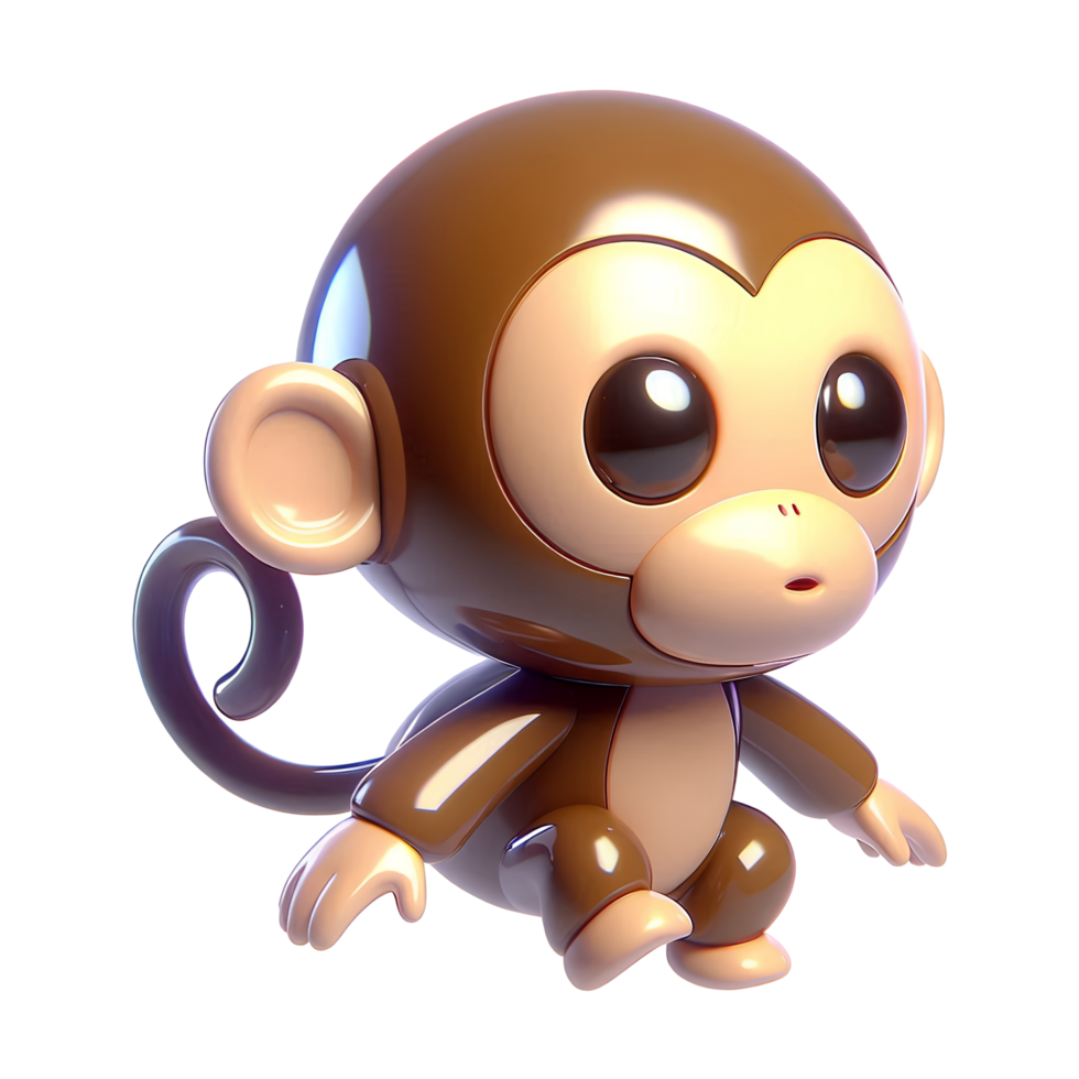 Cute 3D cartoon monkey character with big eyes and glossy surface sitting on transparent background for kids design animal mascot toy or jungle themed projects png