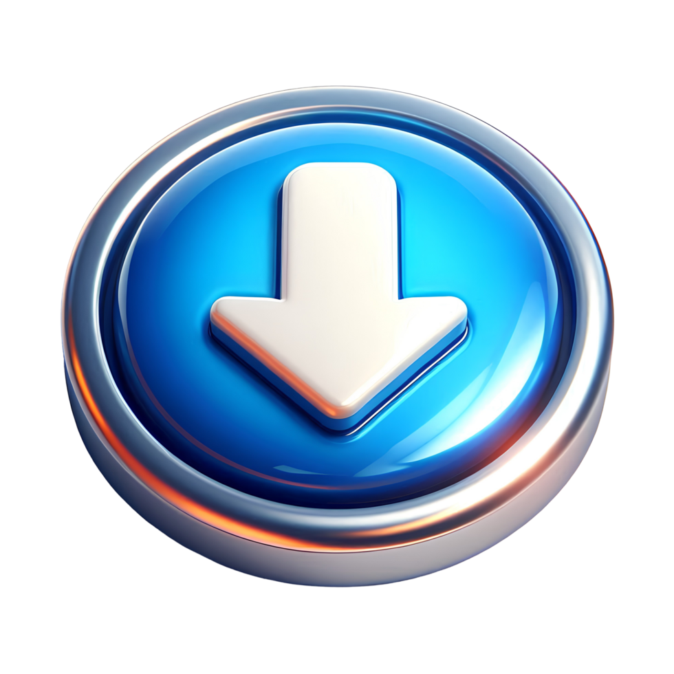 3D Glossy Blue Download Button with Down Arrow Isolated on Transparent Background for User Interface Icons Web Design Elements or App Download Graphics png