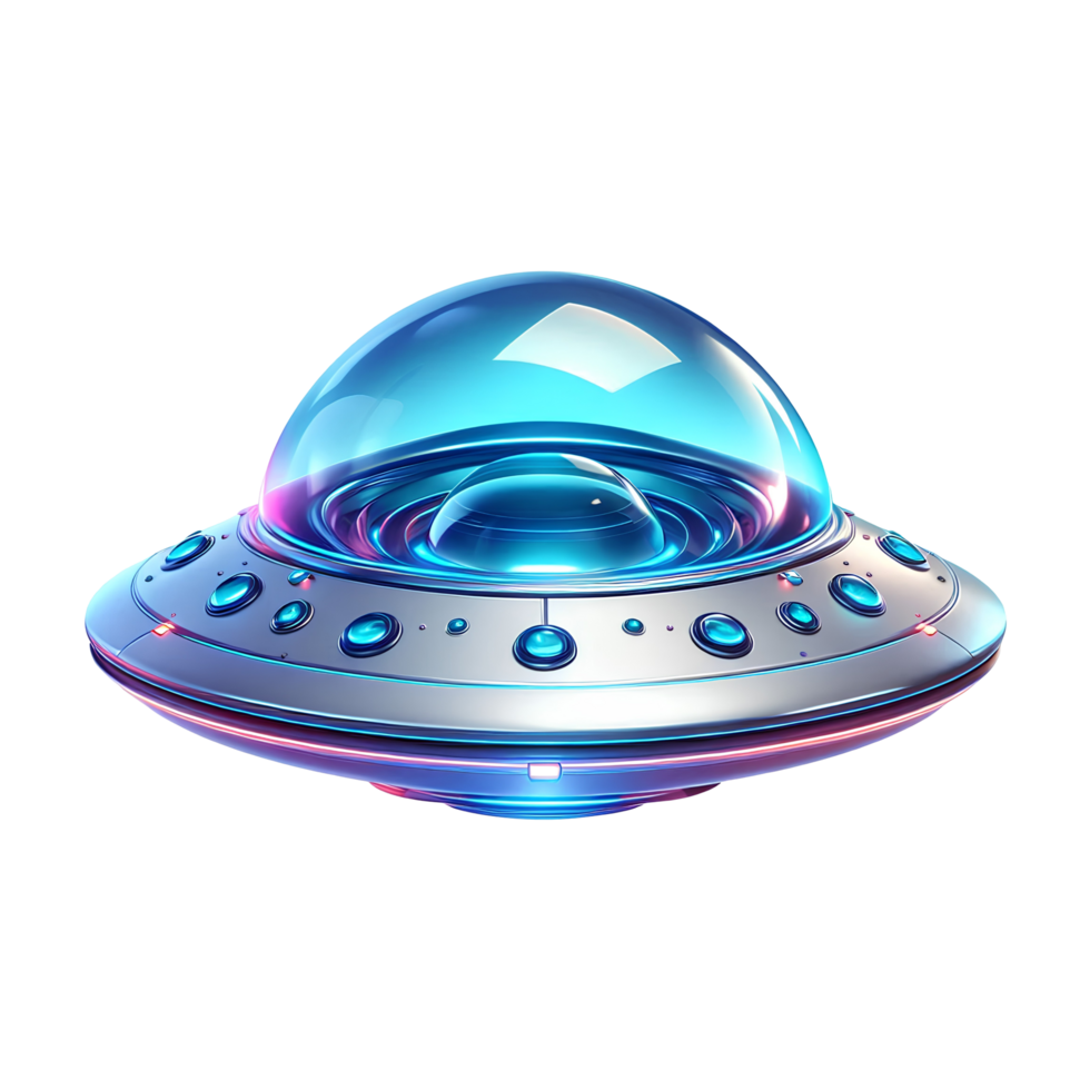 Futuristic cartoon ufo spaceship with glowing lights and glass dome 3d render isolated on transparent background for science fiction and space themed designs png