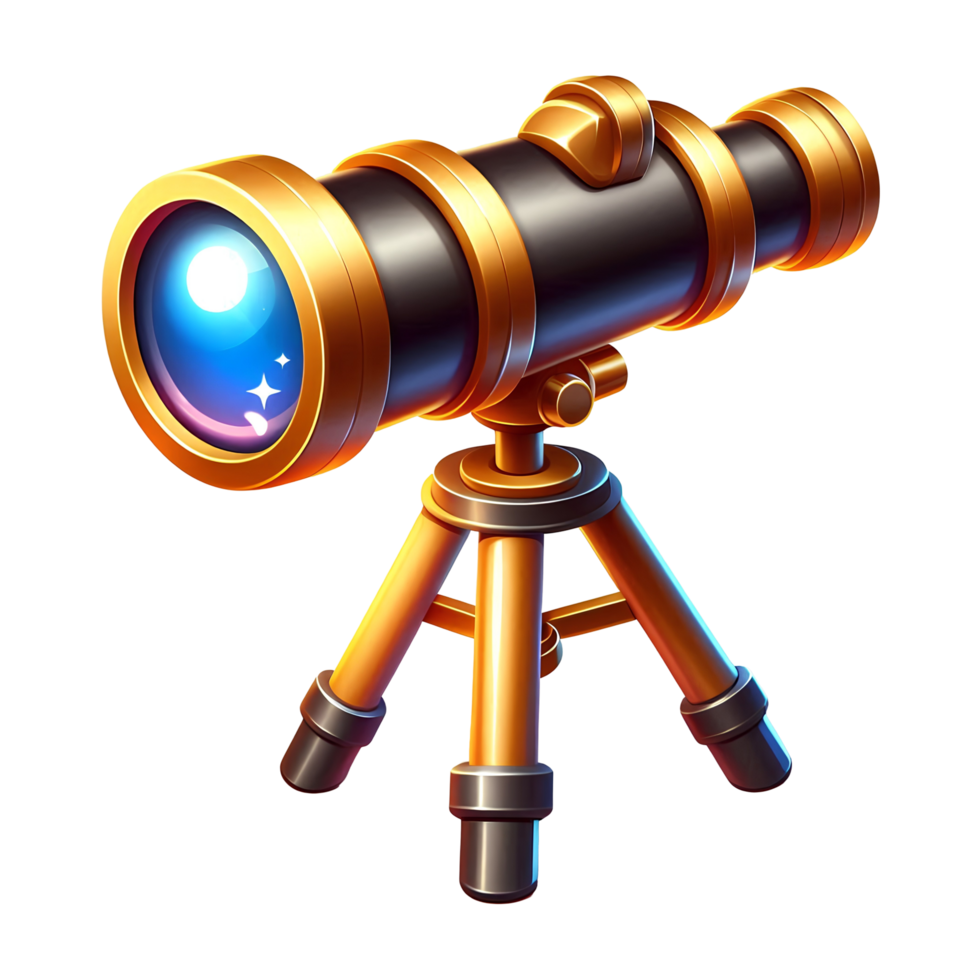 Realistic 3D Telescope Icon on Tripod Stand with Shiny Lens and Golden Accents, Astronomical Observation Equipment Illustration on Transparent Background png