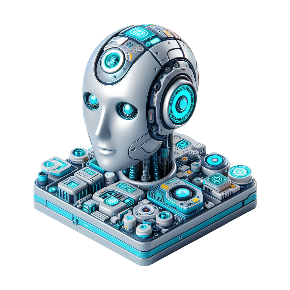 3D Futuristic Robot Head with Technology Circuit Board, AI and Digital Components Concept png