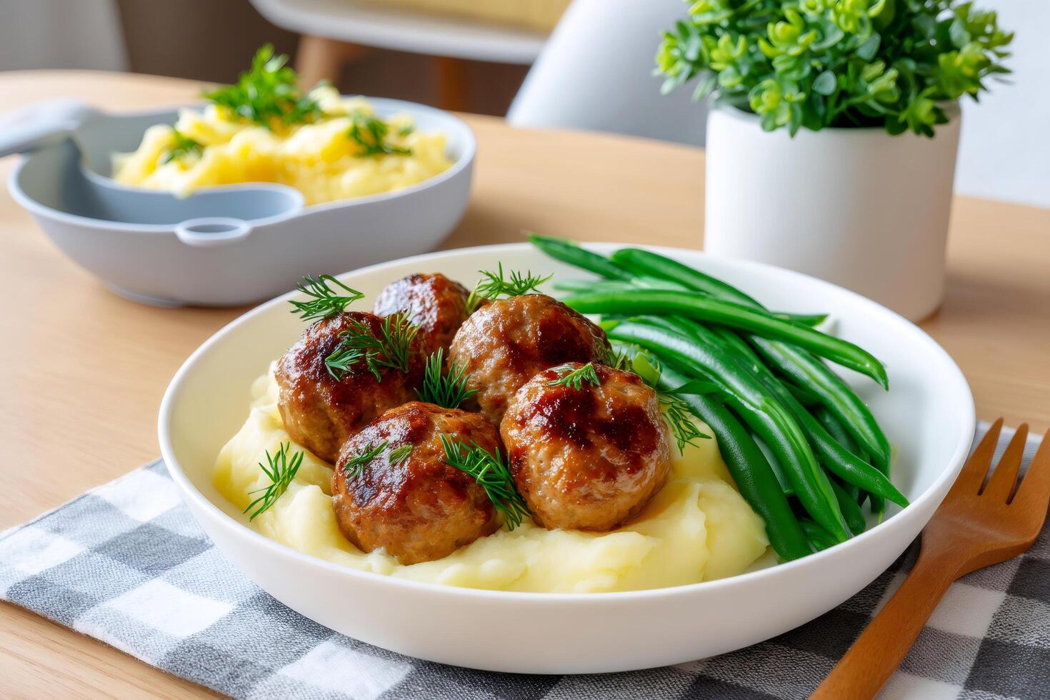 Juicy meatballs resting on creamy mashed potatoes with green beans and dill photo
