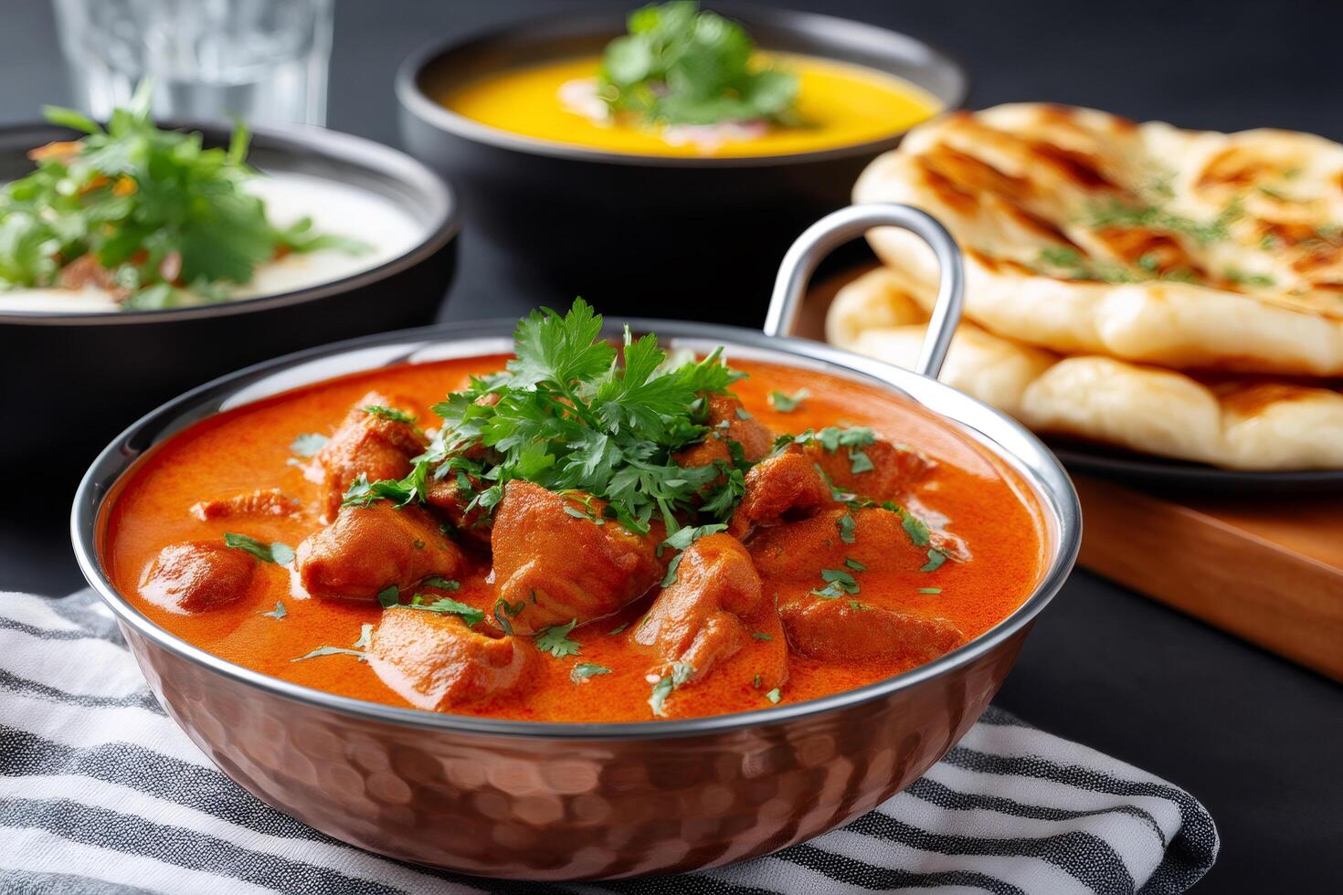 Chicken tikka masala garnished with coriander served with naan bread and other indian food photo