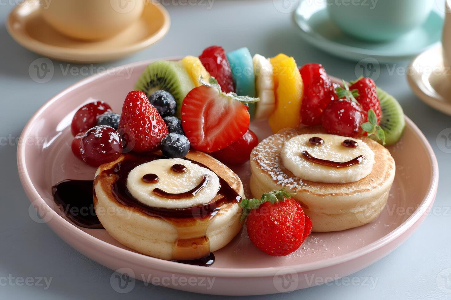 Two fluffy pancakes with smiley faces, fresh fruit and chocolate, enjoying a healthy breakfast photo