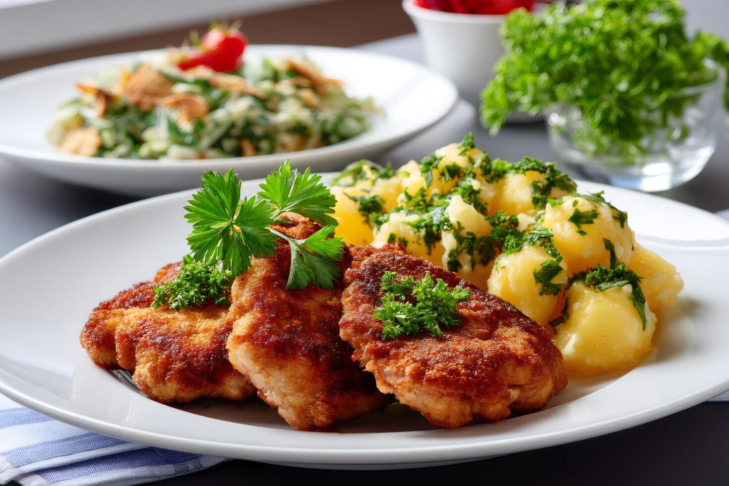 Breaded cutlets served with boiled potatoes and parsley garnish, spinach salad in the background photo