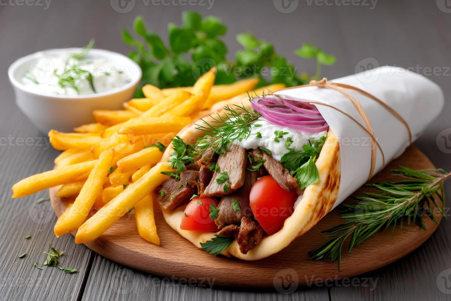 Greek gyros pita with french fries and tzatziki sauce on wooden plate photo
