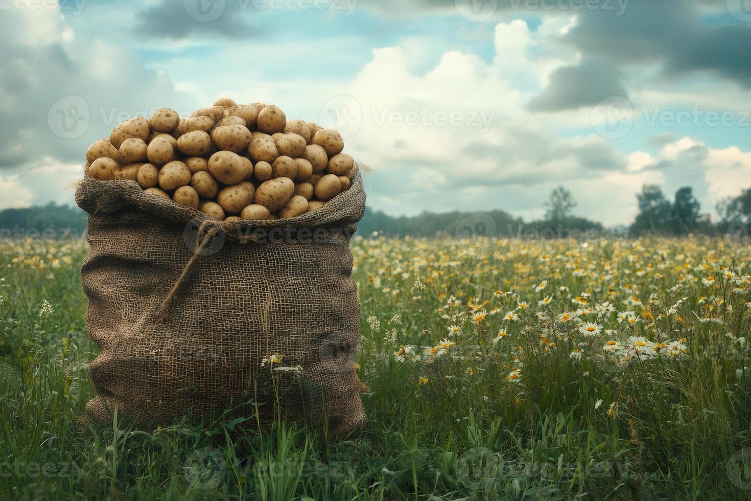 Sack of fresh potatoes standing in chamomile field under cloudy sky photo