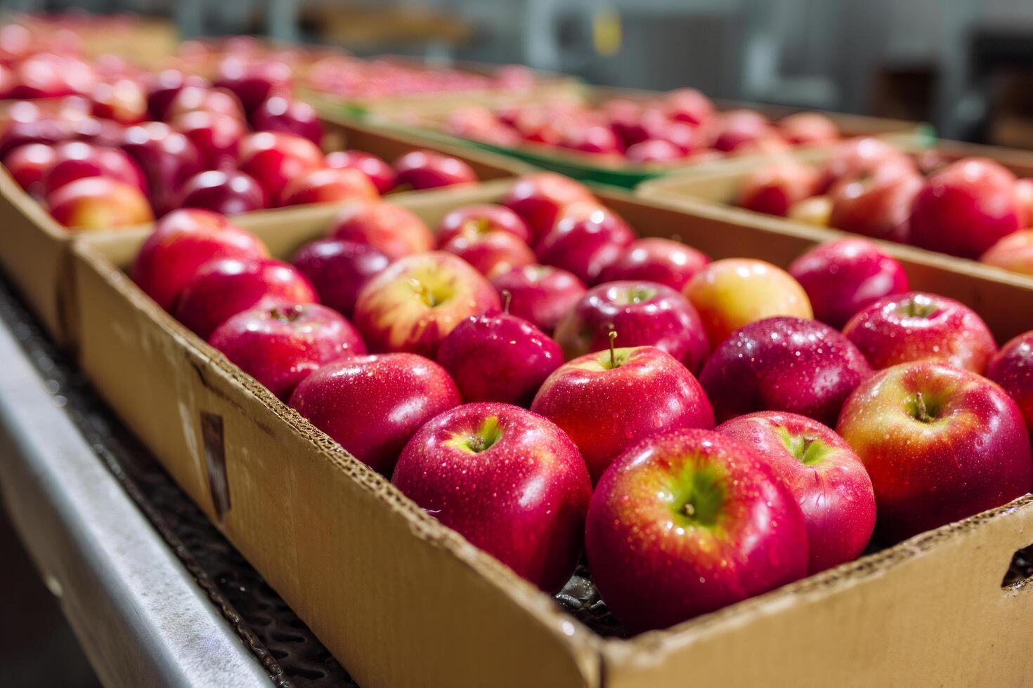 Fresh red apples moving on conveyor belt in factory photo