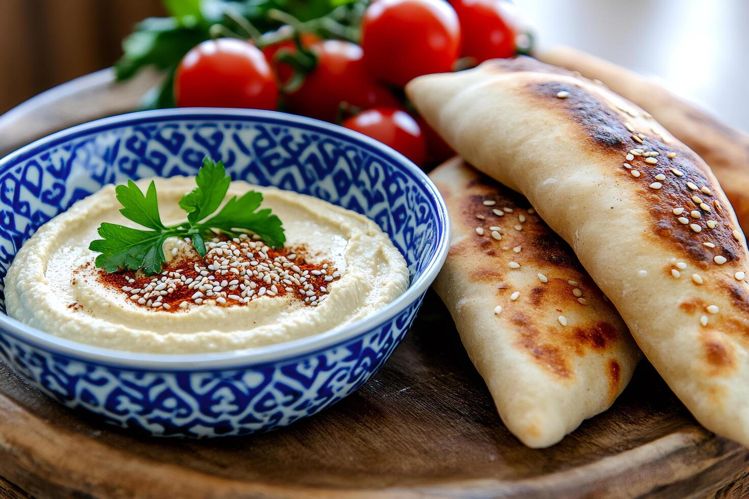 Creamy hummus decorated with parsley and paprika served with pita bread photo