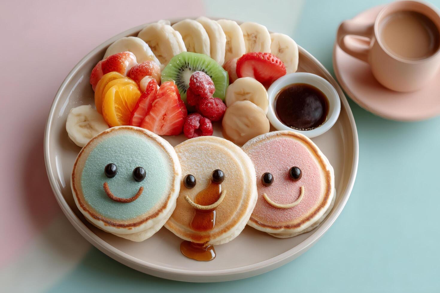 Colorful smiley face pancakes with fresh fruit and maple syrup photo