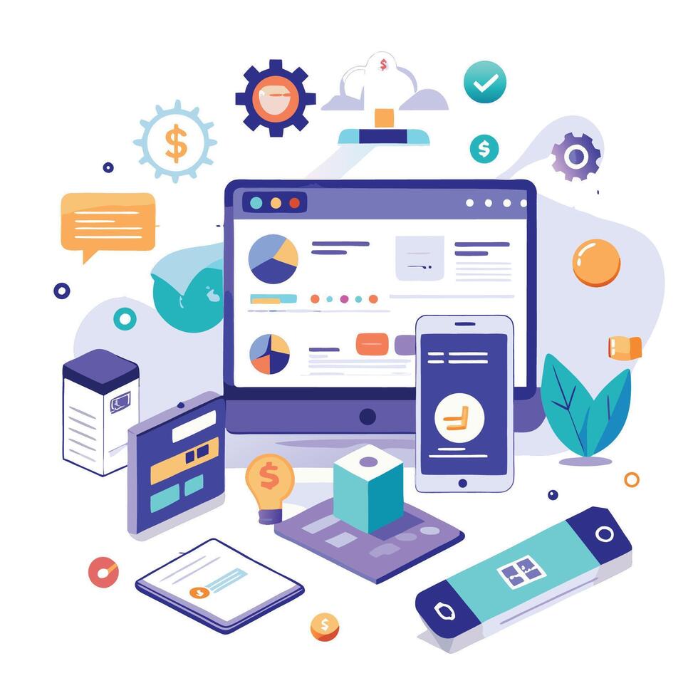 a laptop, phone and other items are surrounded by icons vector