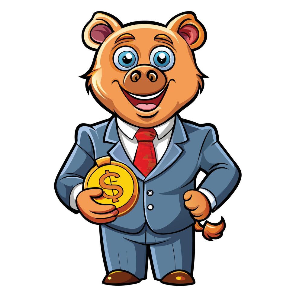 a cartoon pig in a suit holding a coin vector