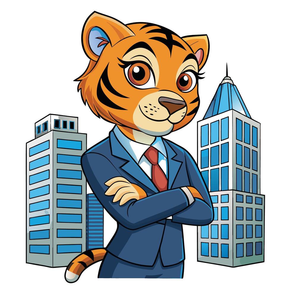 a cartoon tiger in a suit and tie standing in front of a cityscape vector