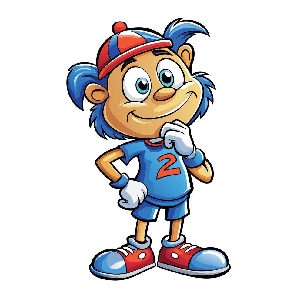 cartoon clown with blue hair and red cap white background vector