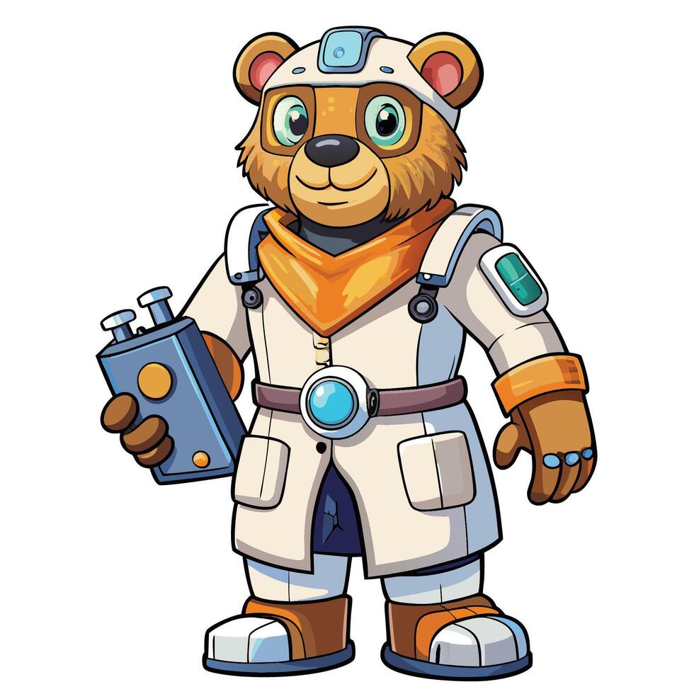 a cartoon bear wearing a lab coat and holding a device vector
