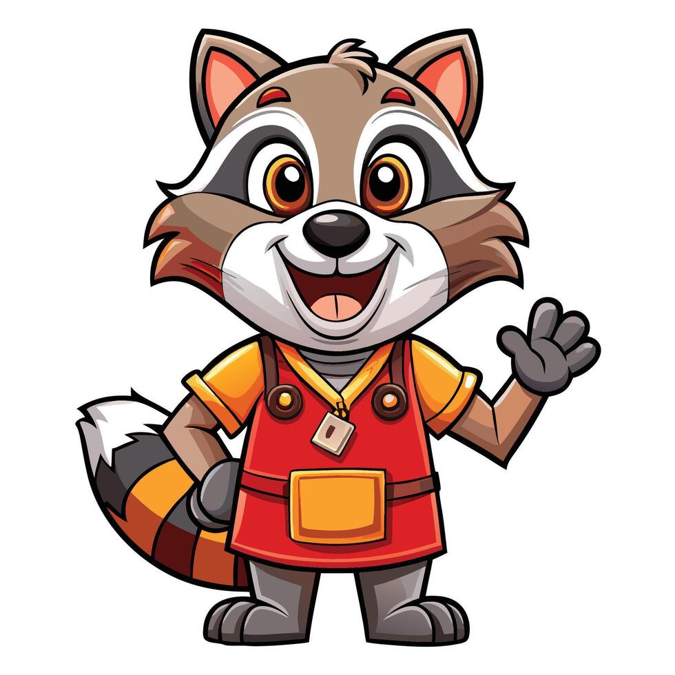 cartoon raccoon in apron waving vector