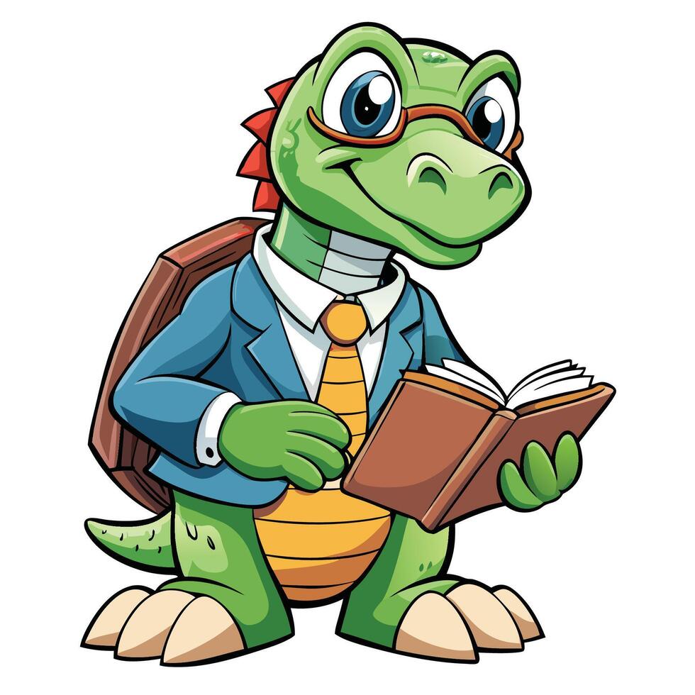 a cartoon lizard wearing a suit and tie reading a book vector