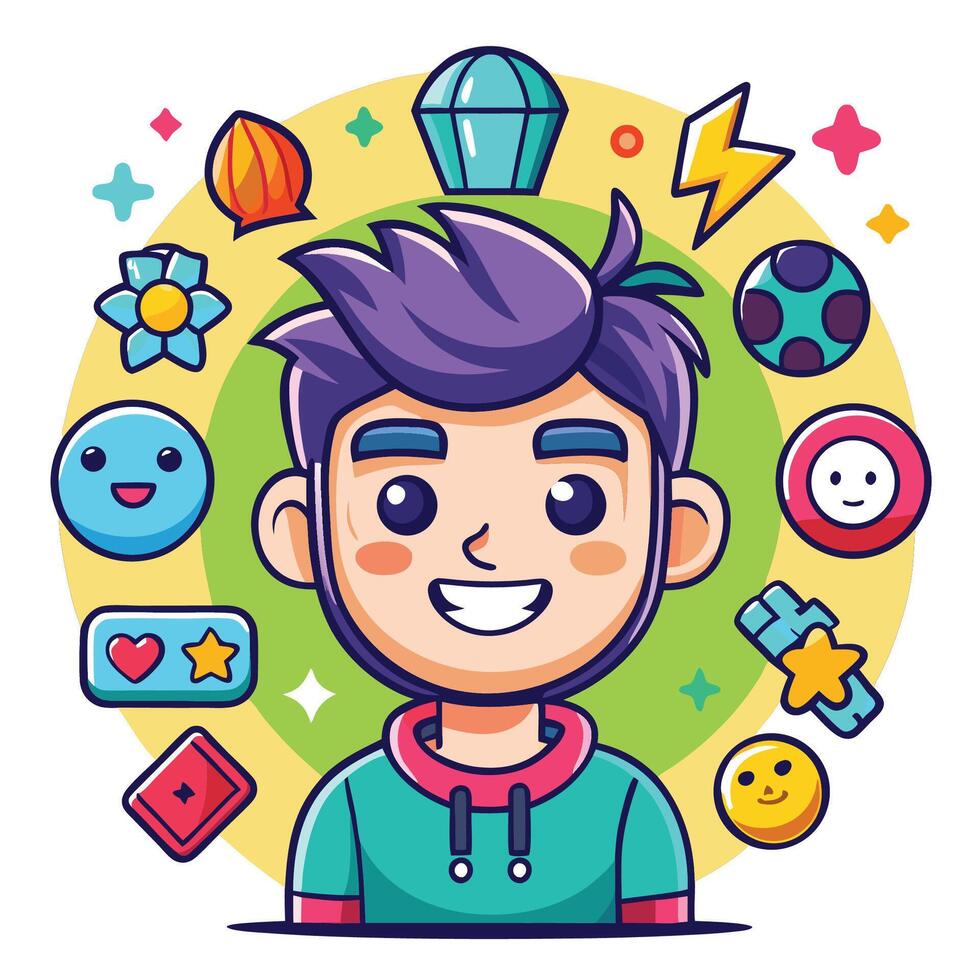 a cartoon boy with a smiley face surrounded by icons vector
