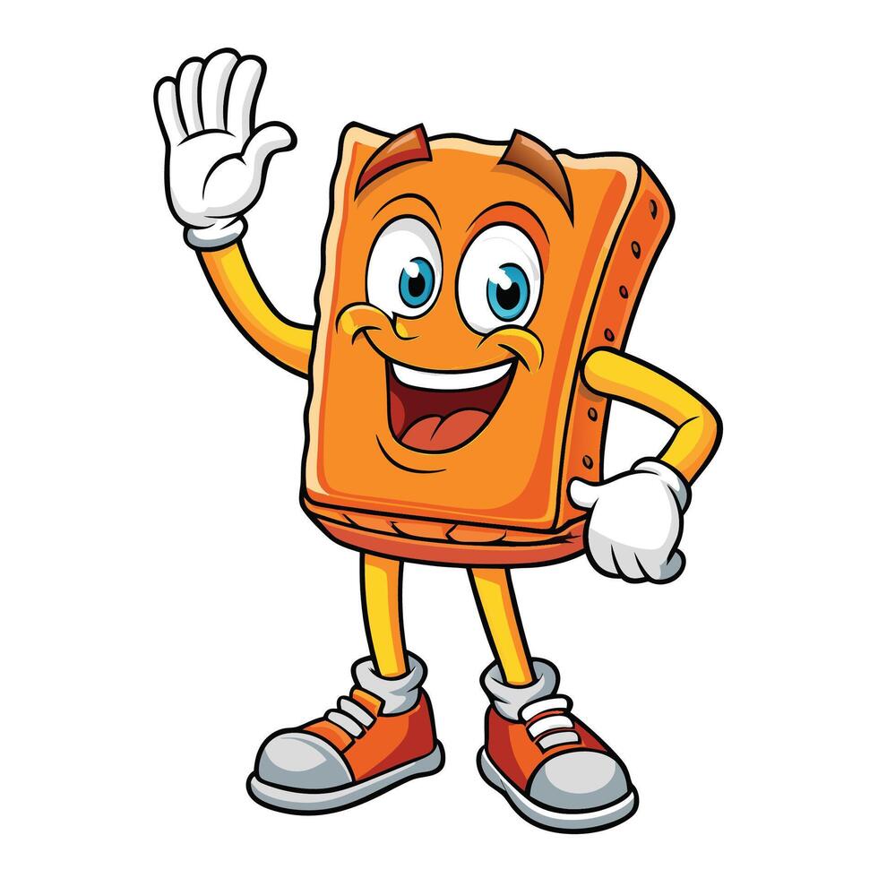 an orange cartoon character waving with his hands up vector