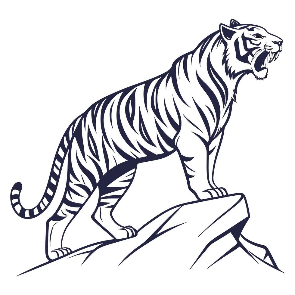 a tiger standing on a rock with its mouth open vector