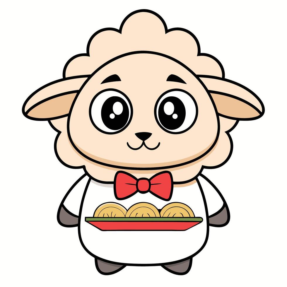 a cartoon sheep wearing a bow tie and holding a tray of food vector