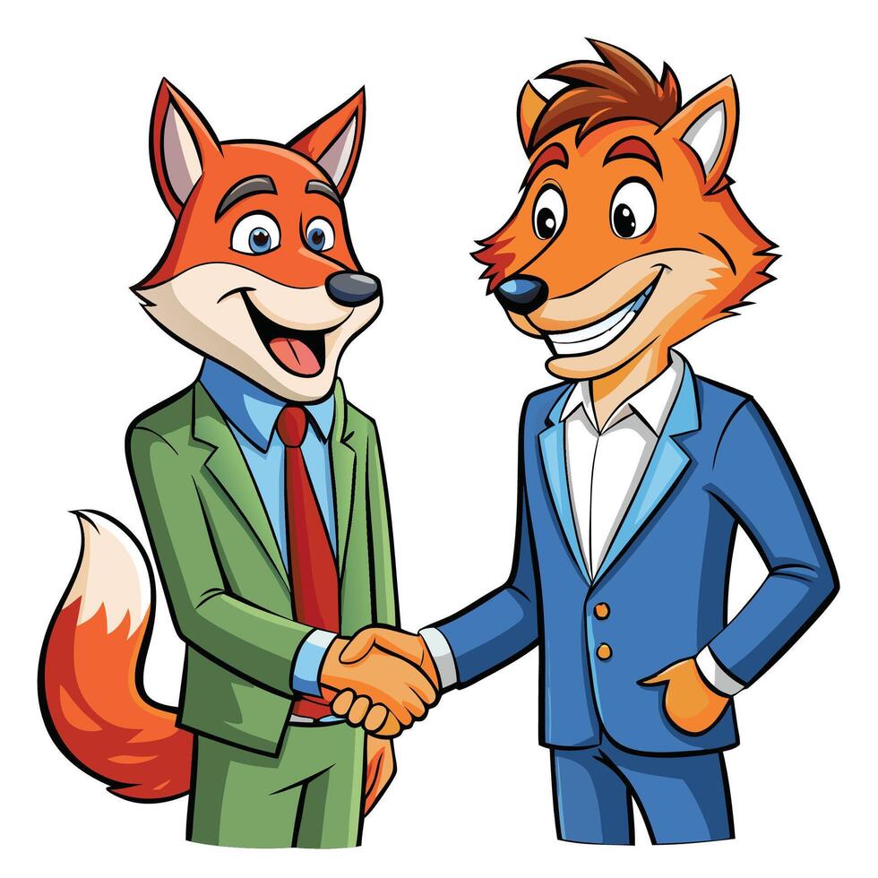 two cartoon foxes shaking hands white background vector