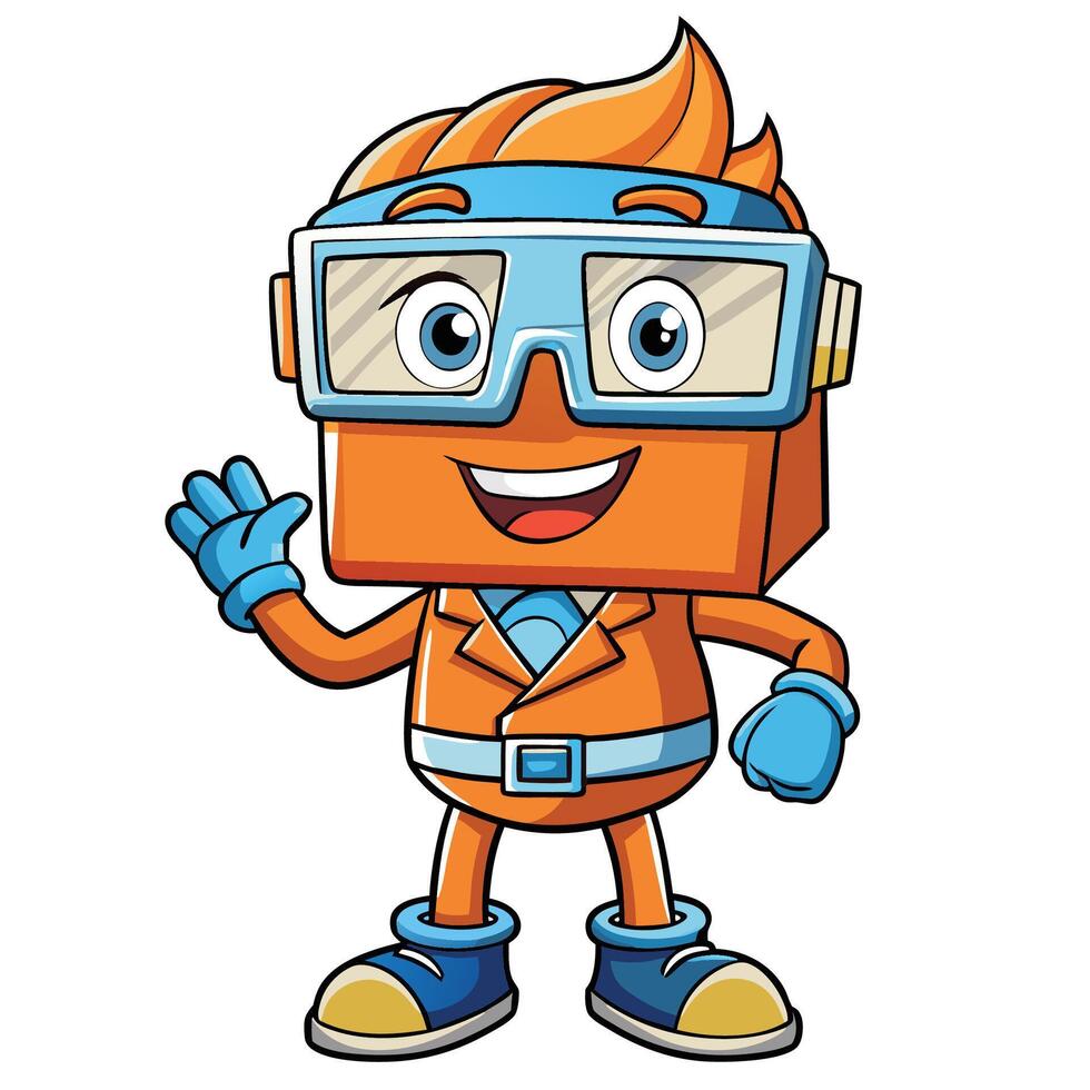 cartoon orange robot wearing goggles and holding a hand vector