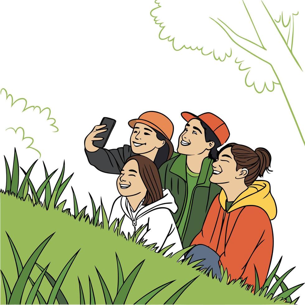 three people taking a selfie in the grass vector