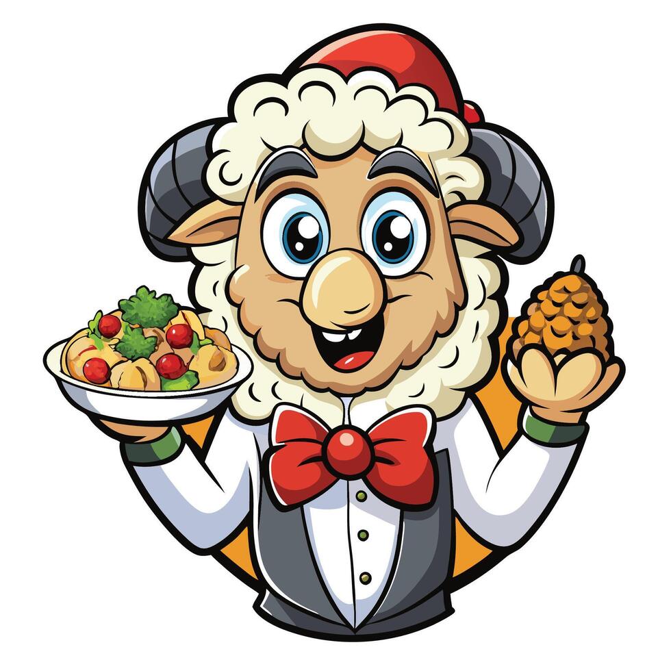 a cartoon sheep wearing a tuxedo holding a plate of food vector