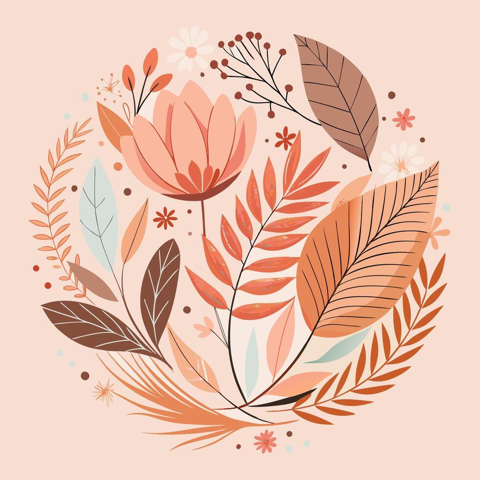 illustration of a round floral design with leaves and flowers vector