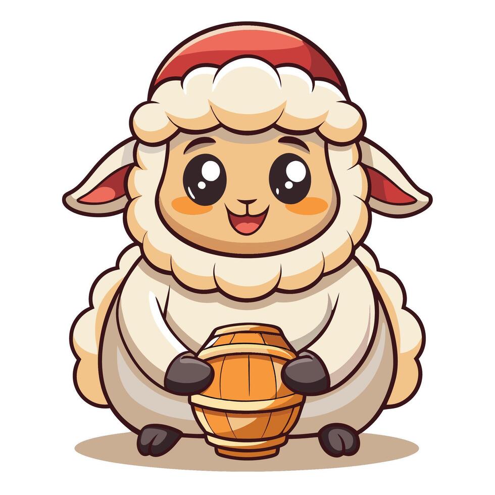 cute sheep holding a barrel of wine vector
