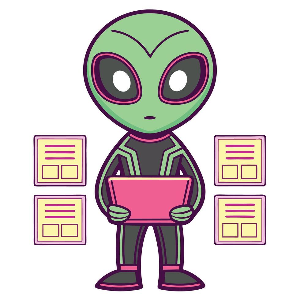 alien with laptop and papers illustration vector