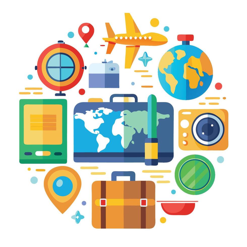 travel and tourism icons in a circle vector