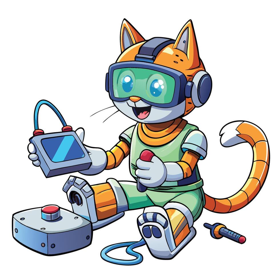 a cartoon cat wearing virtual reality goggles and holding a controller vector