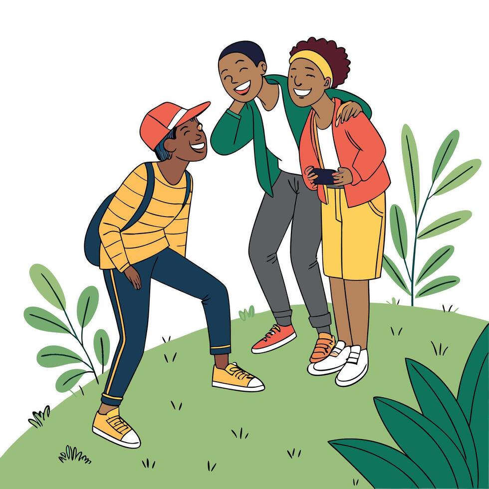 three young people are standing in the grass and talking vector