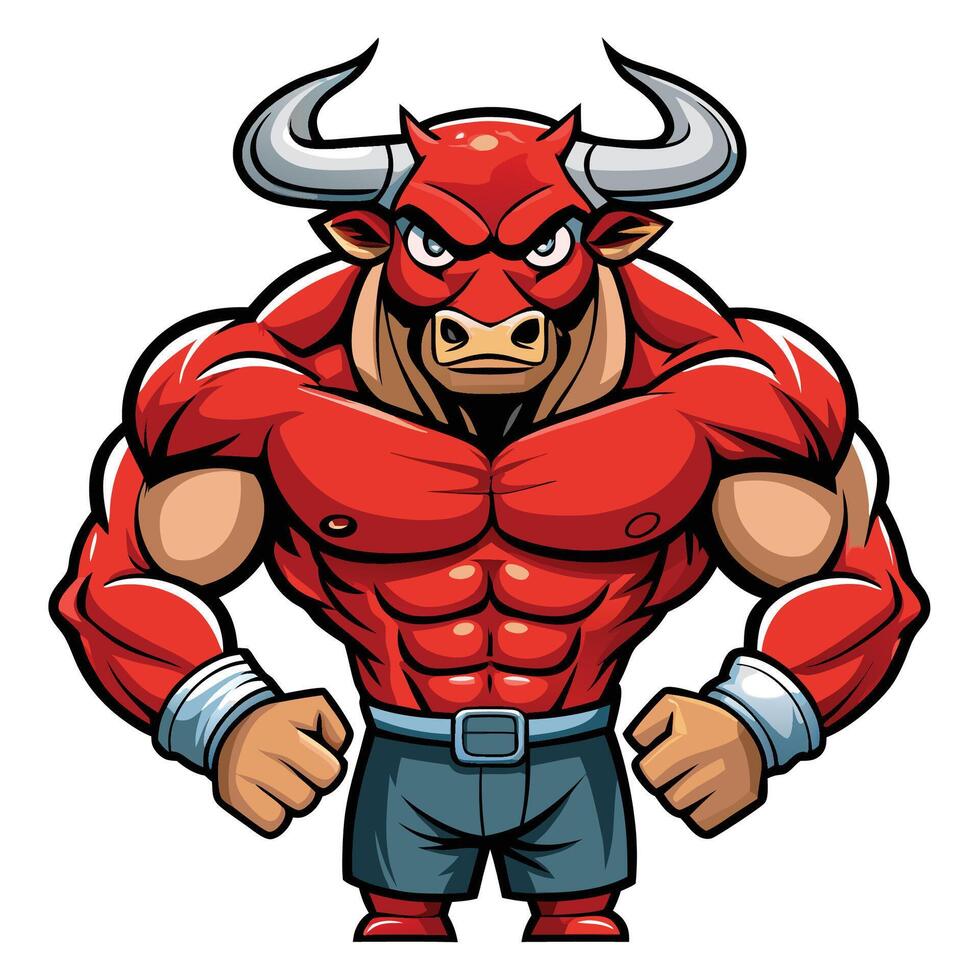 a cartoon red bull mascot with big muscles vector