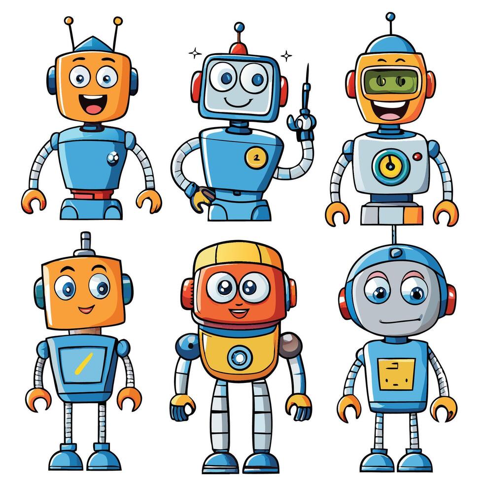 cartoon robots set of six characters vector