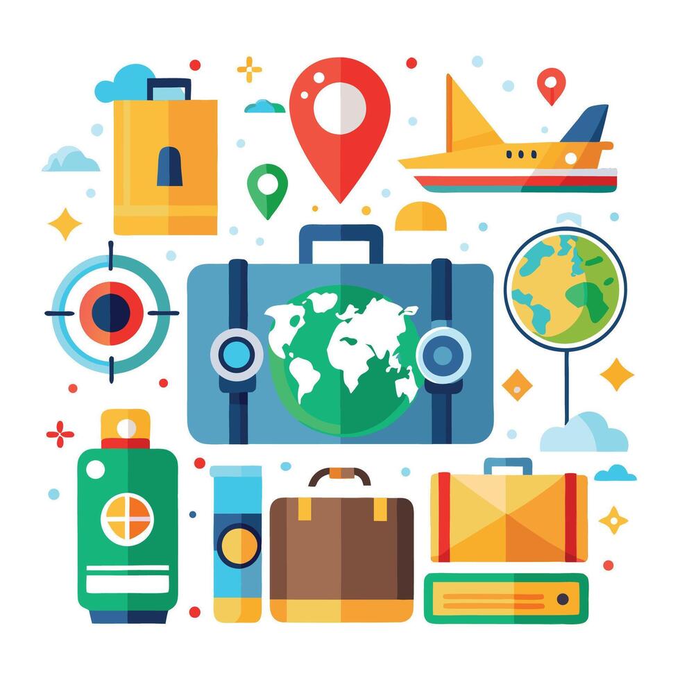 travel and tourism icons set with luggage, map, globe and other items vector