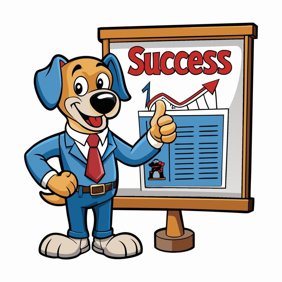 a cartoon dog business man holding a board with success written on it vector