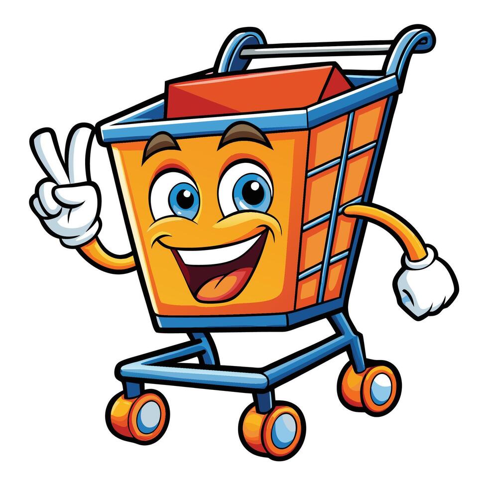 cartoon shopping cart character giving peace sign vector