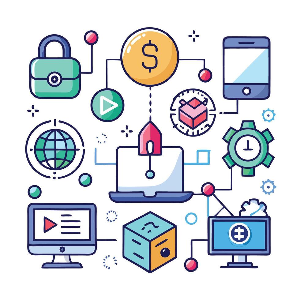 the icons are connected to a computer and other items vector