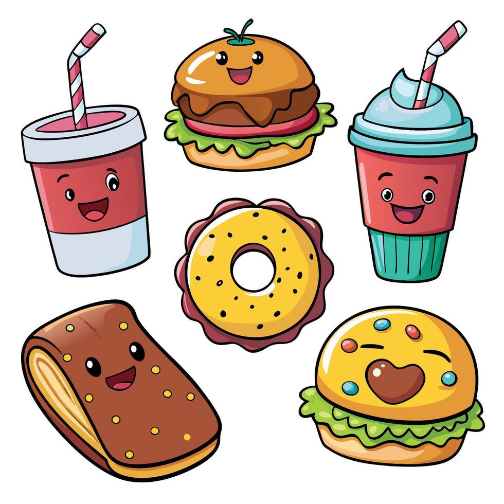 cute hamburger, donut, coffee and soda icons set vector