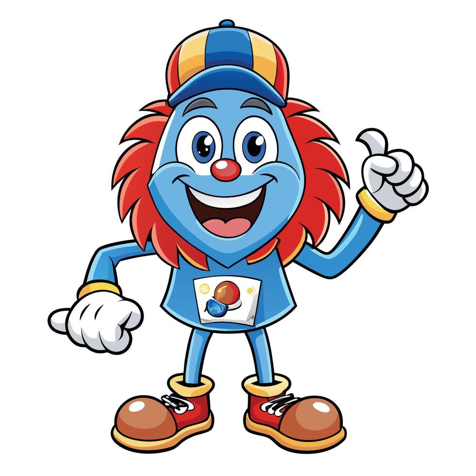 a cartoon blue clown character with a baseball cap and a thumbs up vector