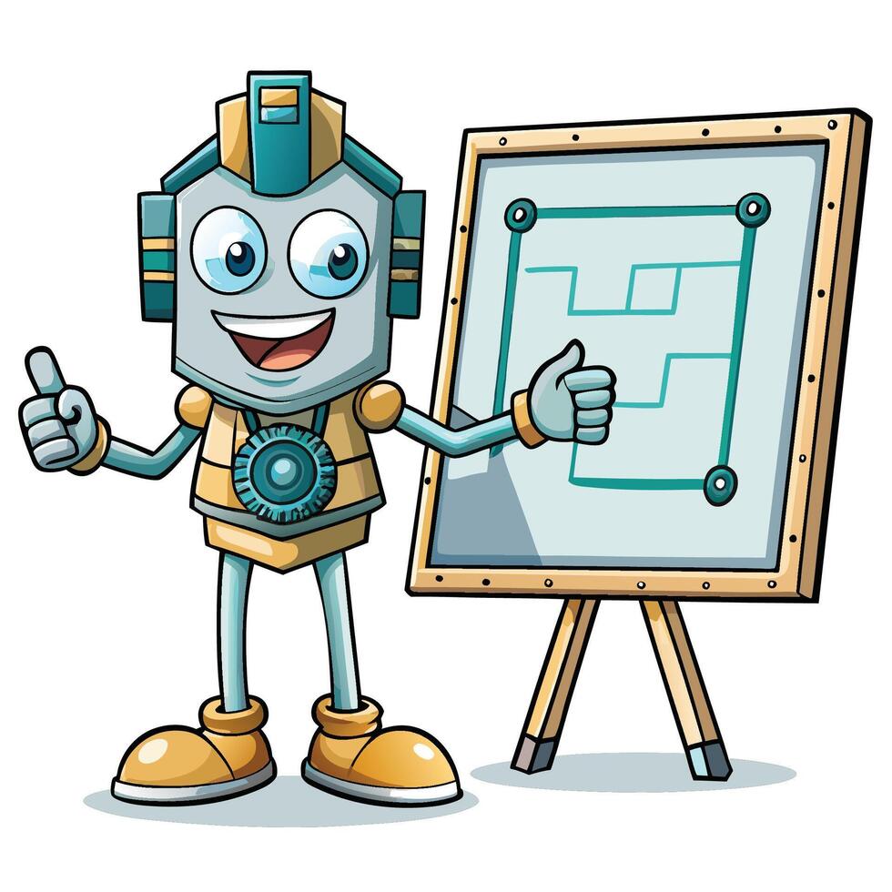 a cartoon robot standing next to a board with a diagram vector