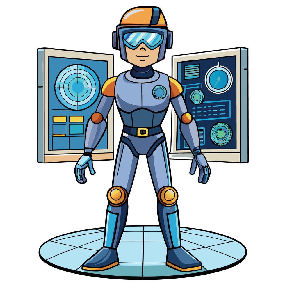 a cartoon robot standing in front of a computer screen vector